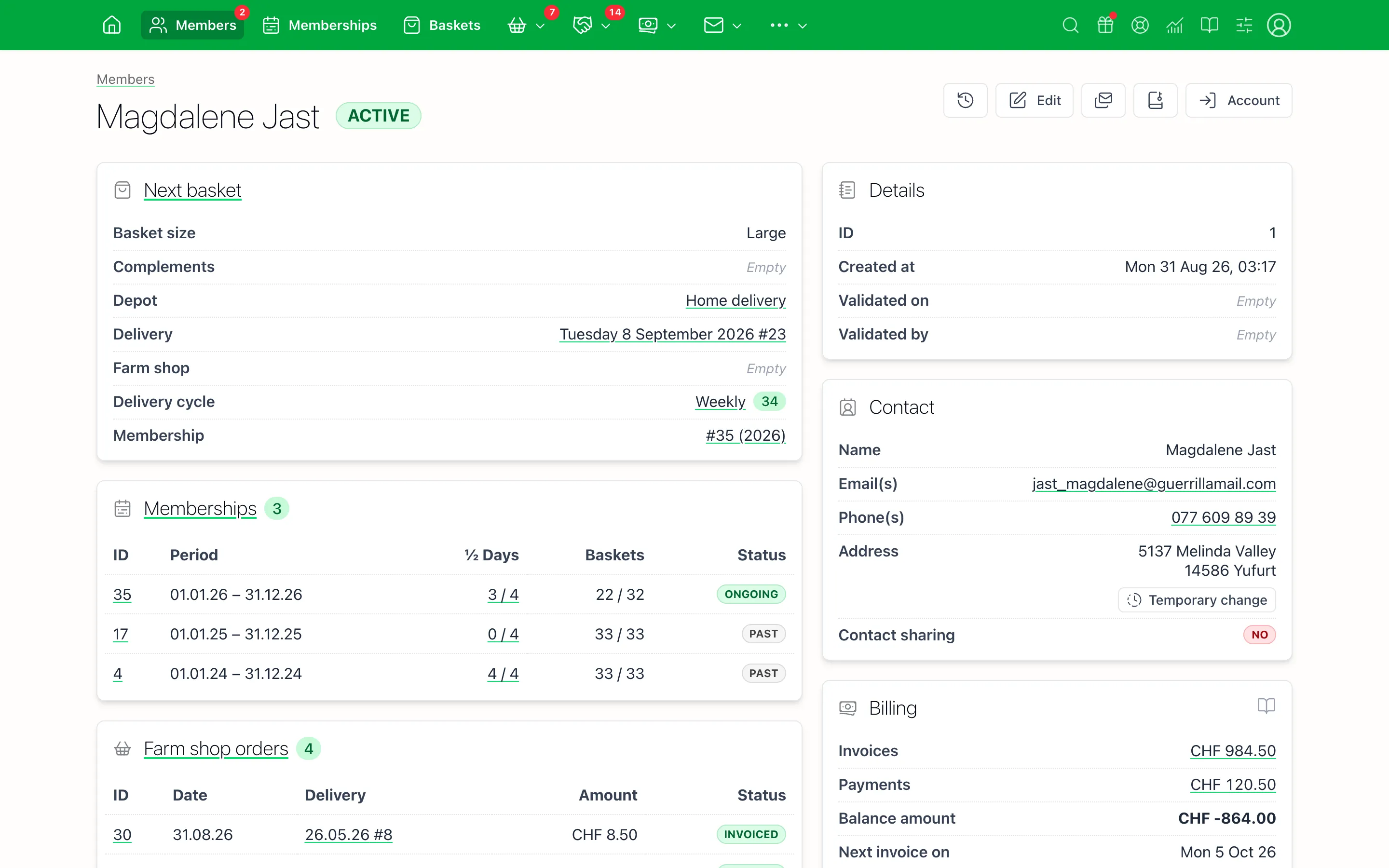 Member page in the CSA Admin back office