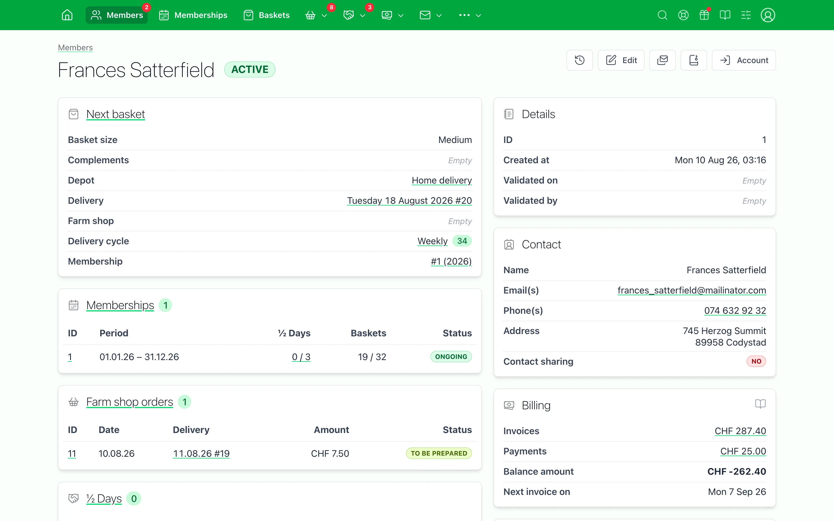 Member page in the CSA Admin back office