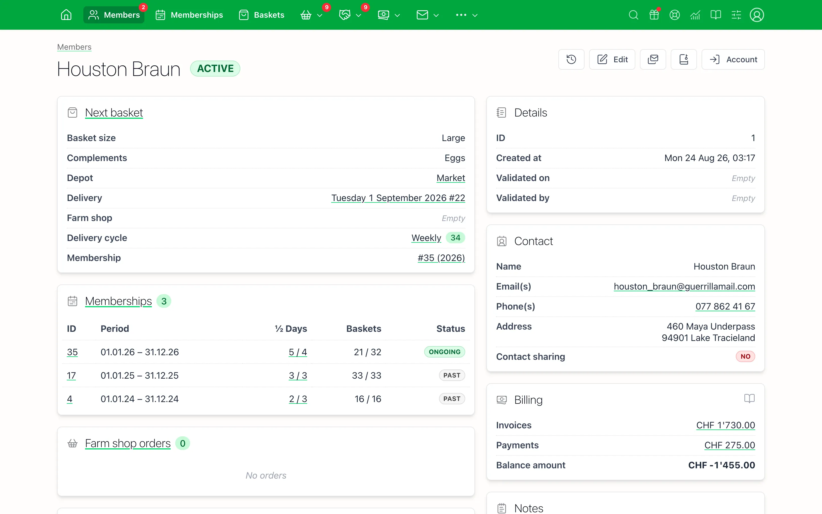 Member page in the CSA Admin back office
