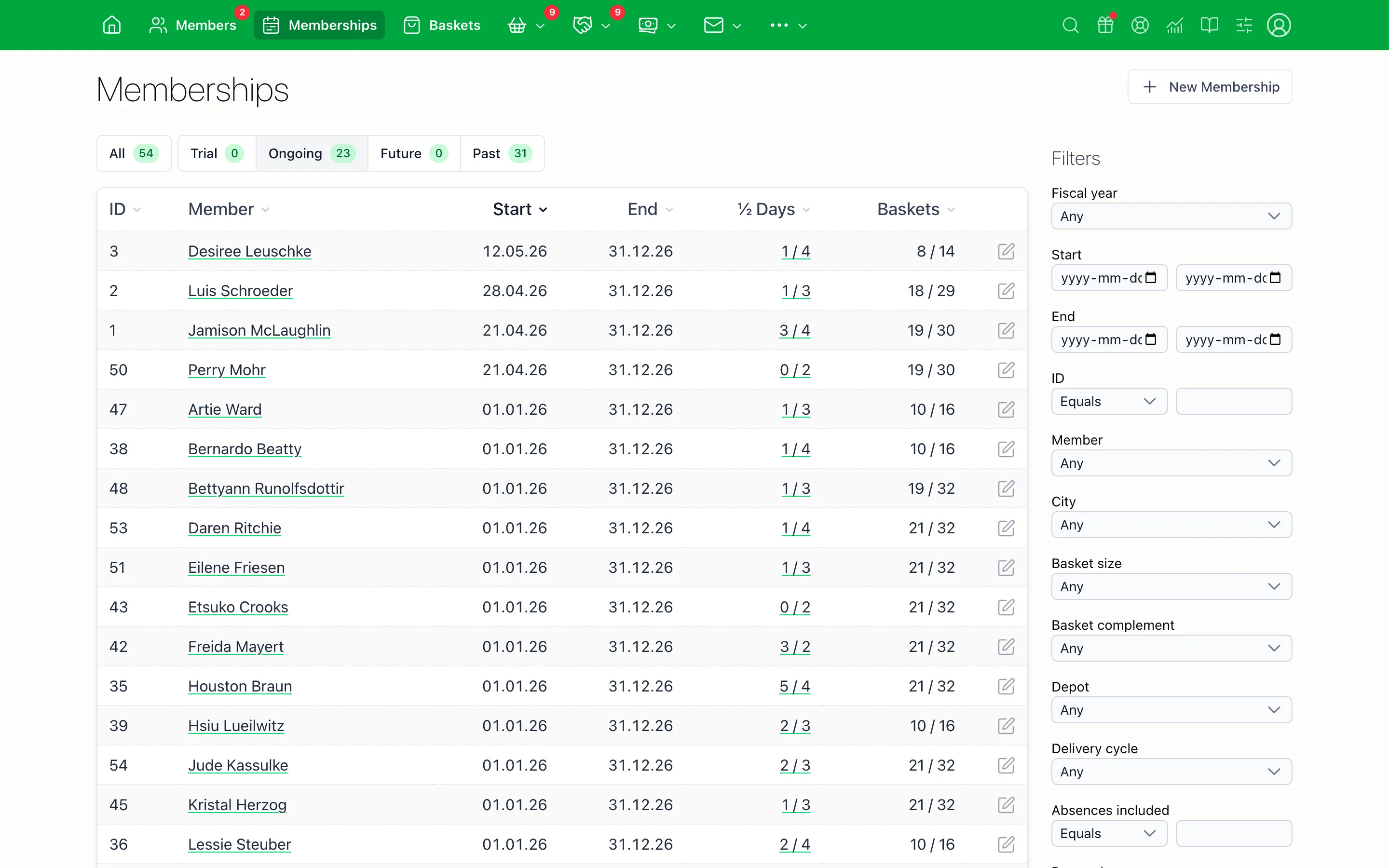 Memberships list in the CSA Admin back office